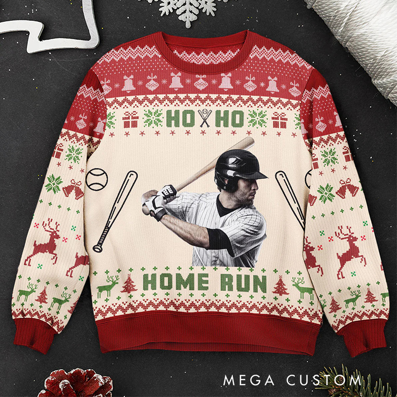 Personalized Baseball Ho Ho Home Run Ugly Sweatershirt with Custom Photo 