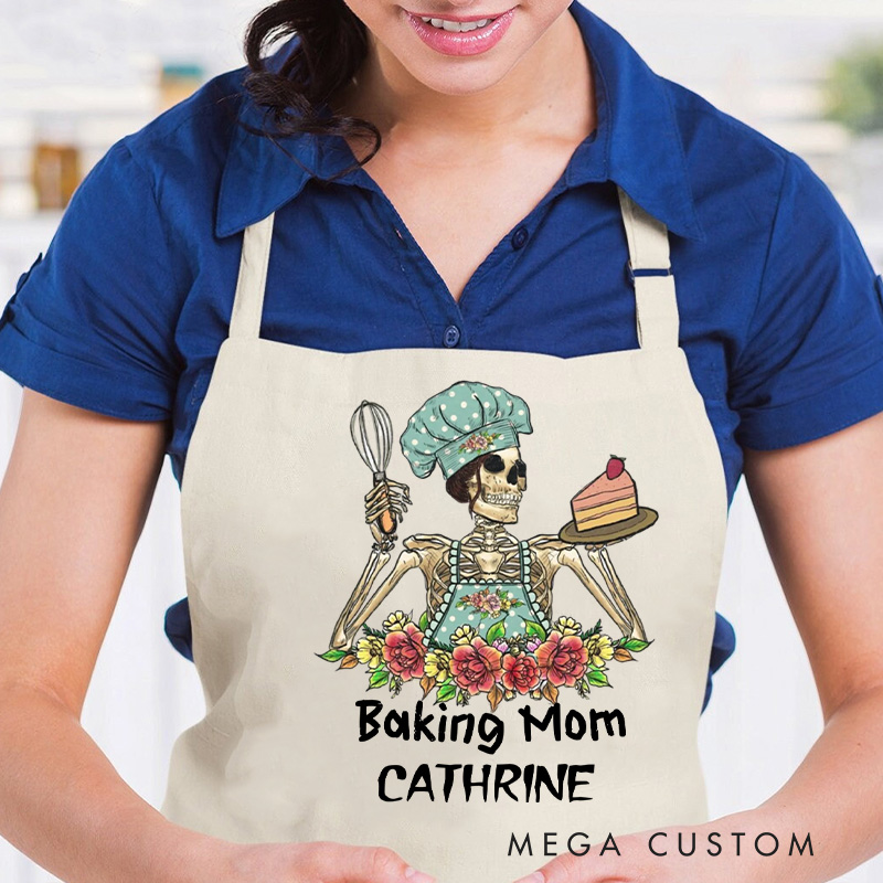 Personalized Skeleton Mom Apron Custom Baking Mom Apron with Name Halloween Skeleton Baking Apron with Pocket for Baking Lover Gift