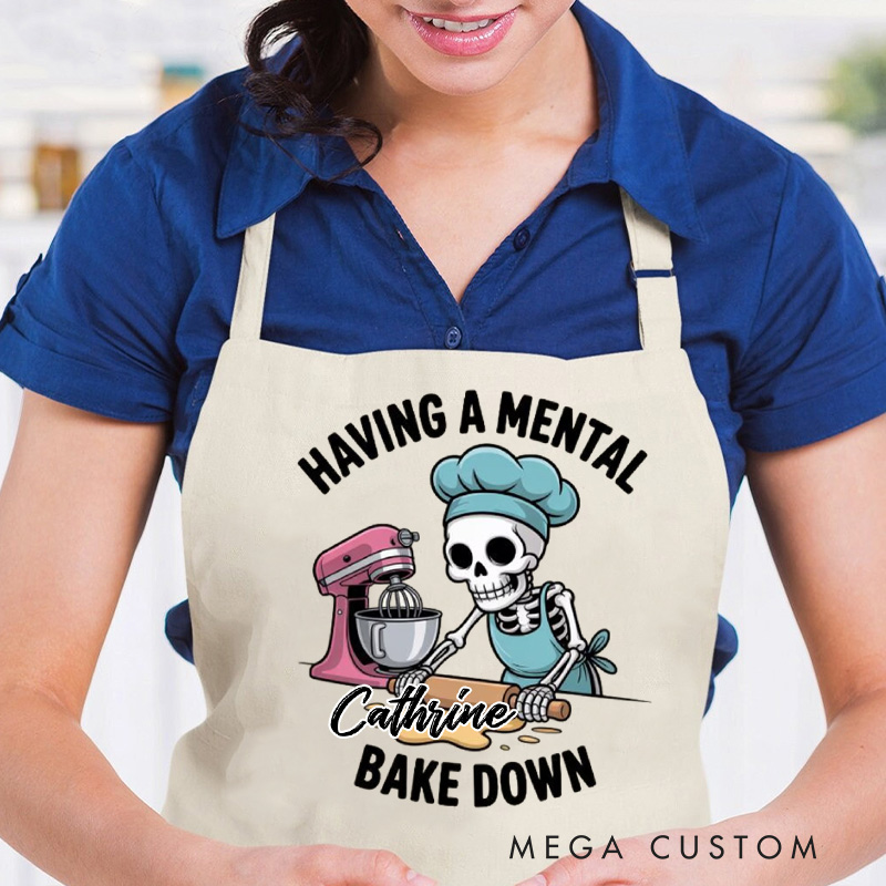 Personalized Having a Mental Bake Down Skeleton Baking Apron Baker Apron with Name Halloween Apron with Pocket for Baking Lover Gift