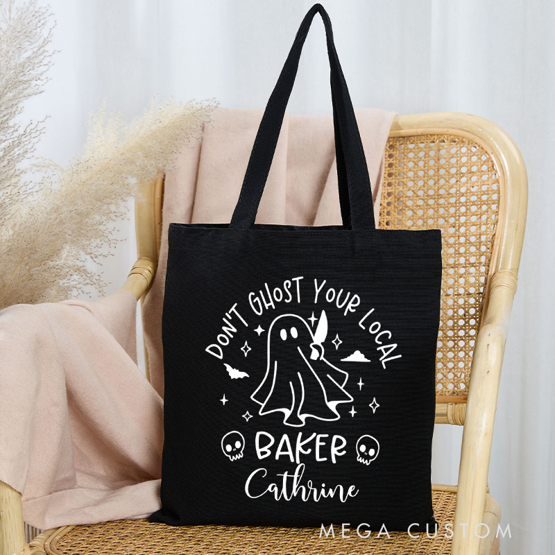 Personalized Don't Ghost Your Local Baker Tote Bag Custom Ghost Baking Canvas Bag with Name Spooky Baker Tote for Baking Lover Gift