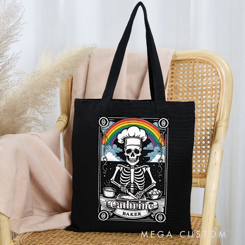 Personalized Baker Skeleton Gay Pride Tote Bag Custom LGBT Rainbow Baker Canvas Bag with Name Spooky Baker Tote for Baking Lover Gift