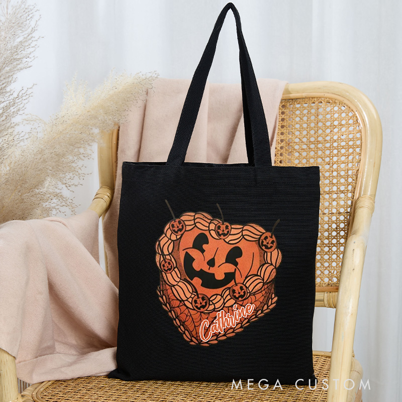 Personalized Girly Pumpkin Cake Tote Bag Custom Halloween Girly Baker Canvas Bag with Name Cake Baker Tote for Baking Lover Gift
