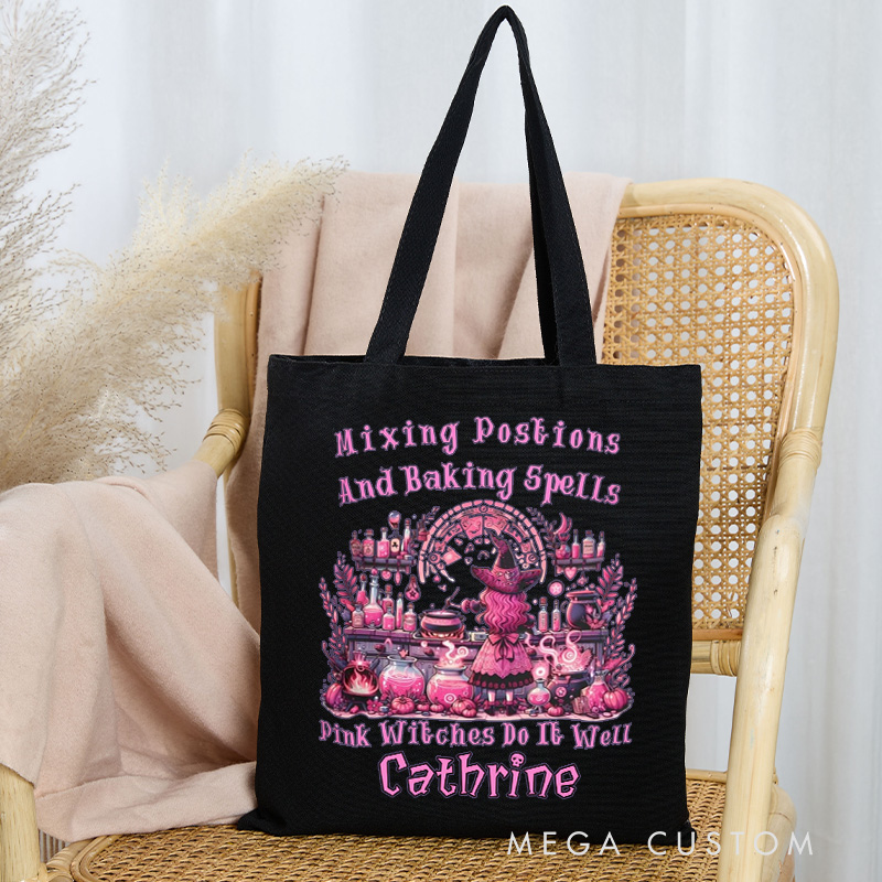 Personalized Mixing Postions and Baking Spell Tote Bag Custom Pink Witch Halloween Bag with Name Baking Tote for Baking Lover Gift