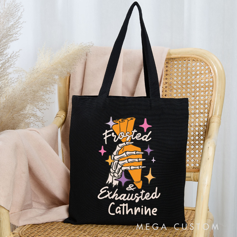 Personalized Frosted and Exhausted Tote Bag Custom Halloween Baking Bag with Name Spooky Baking for Baking Lover Gift