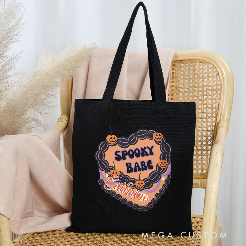 Personalized Spooky Babe Tote Bag Custom Halloween Spooky Cake Bag with Name Goth Pumpkin Cake Bag for Baking Lover Gift