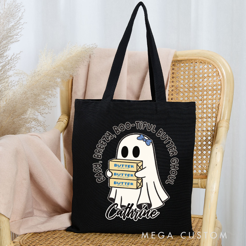 Personalized Easy Breezy Boo-tiful Butter Ghoul Tote Bag Custom Halloween Baking Tote with Name Bakers and Butter Bag Baking Lover Gift