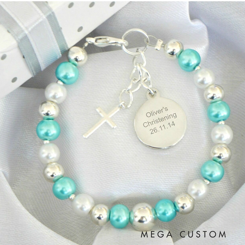 Personalized Cross Acrylic Pearl Elastic Cord Baptism Bracelet with Name and Date Religious Christmas Gift for Christian Christening Gift