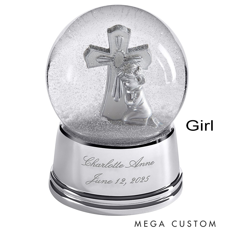 Personalized Silver Cross Praying Child Keepsake Snowglobe with Name and Date Religious Christian Faith Gift