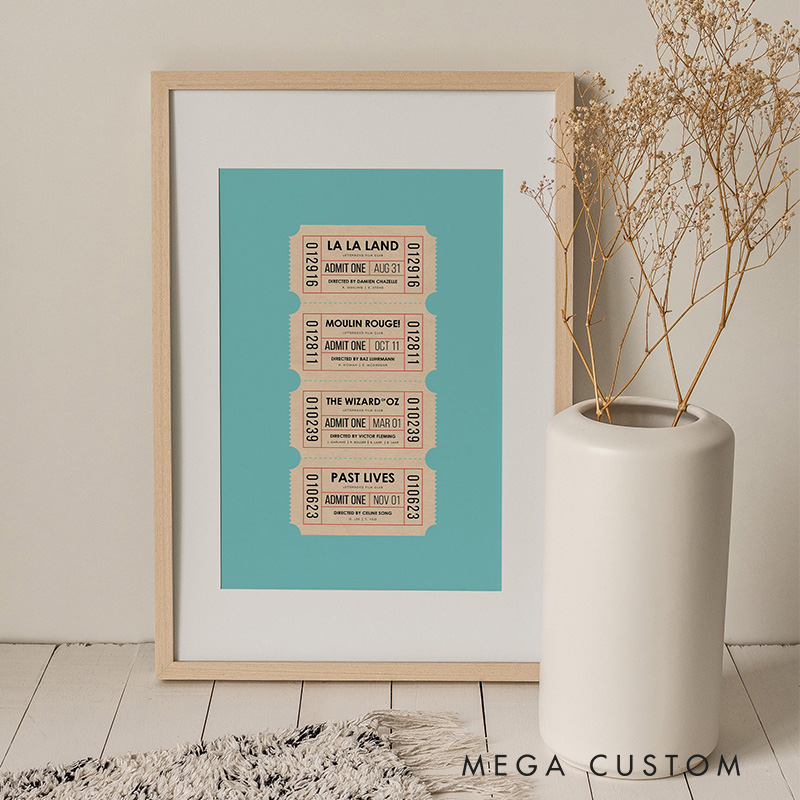 Personalized Vintage Your Top 4 Movie Ticket Poster Without Frame Custom Film Lover Art Gift for film fans Date Night Wall Decor
