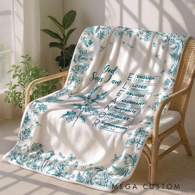 Personalized Toile De Jouy Birth Flower Bible Chapter Name Soft Throw Blanket Baptism Birthday Christmas Gift for Women Christians