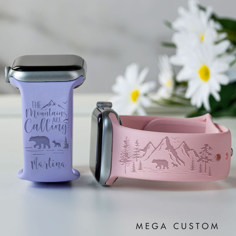 Personalized Mountain Adventure Watch Band Engraved Mama Bear and Cub Watch Band Gift Hiking Outdoor Lover