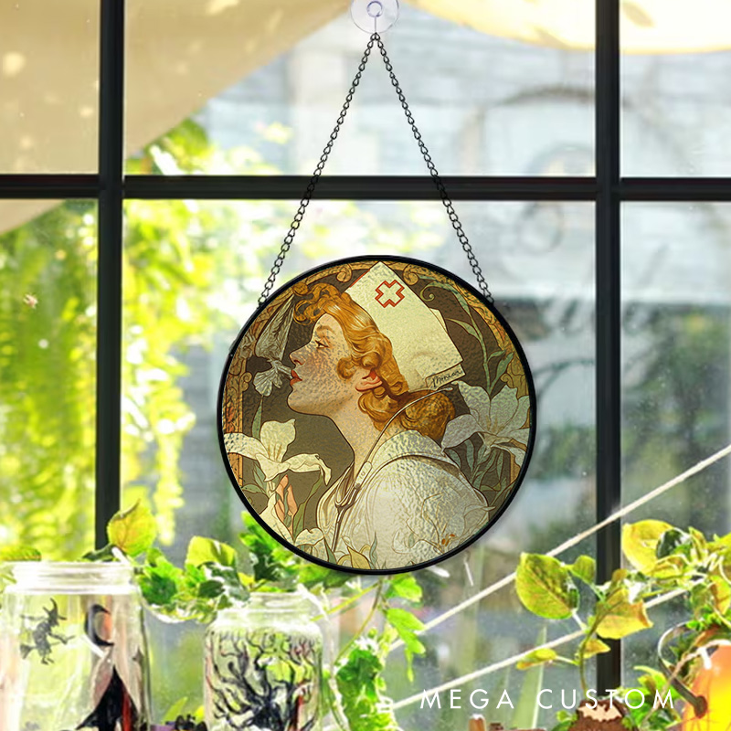 Personalized Vintage Nurse Lily Art Sun Catcher Custom Glass Plaque for Nurse 