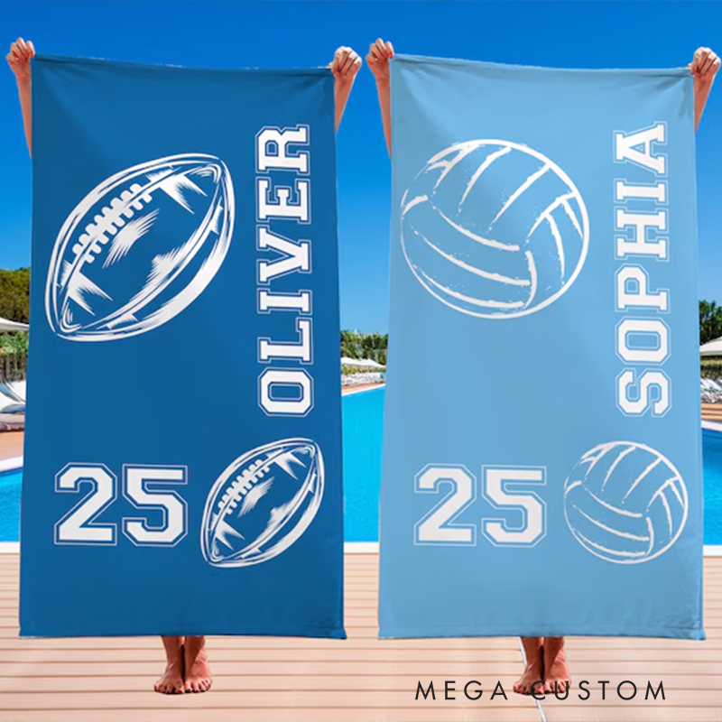 Personalized Sports Beach Towels with Custom Name, Number, and Ball Design