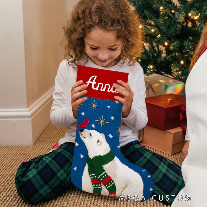 Personalized Polar Bear with Scarf Christmas Stocking