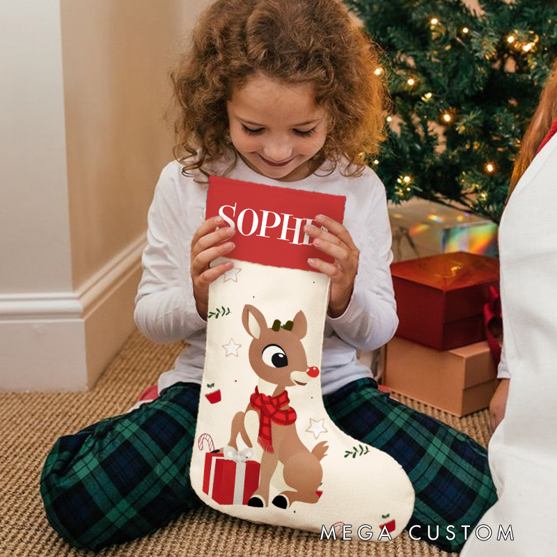 Personalized Reindeer with Gift Box Christmas Stocking