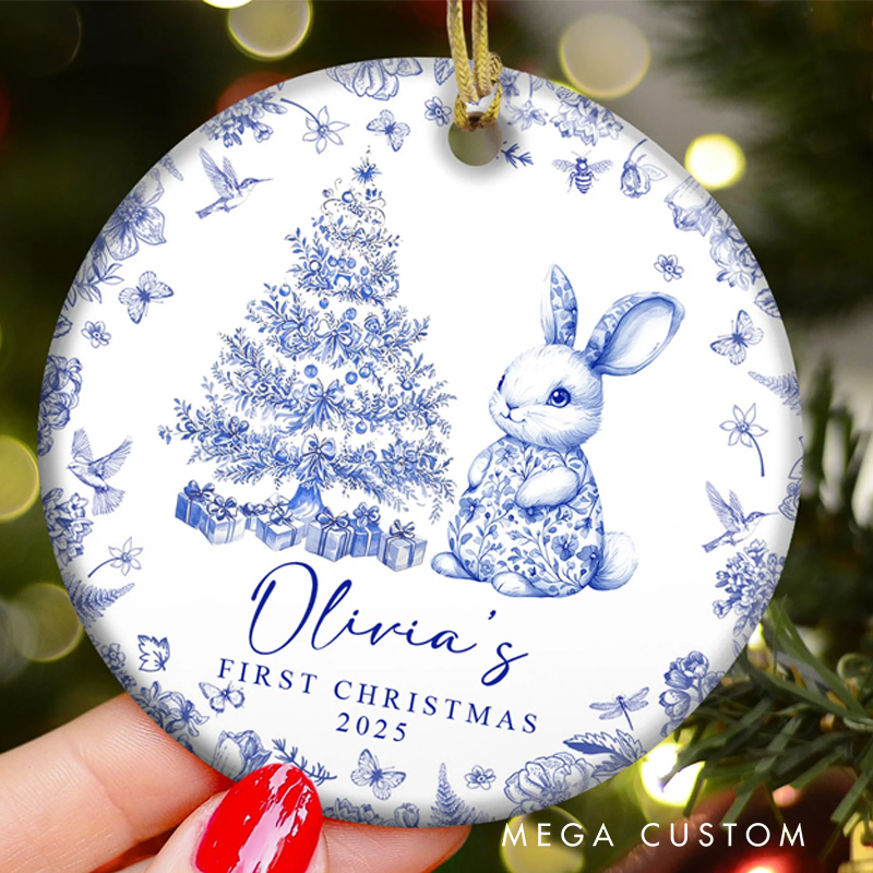 Personalized Baby's First Christmas Toile De Jouy Ceramic Ornament