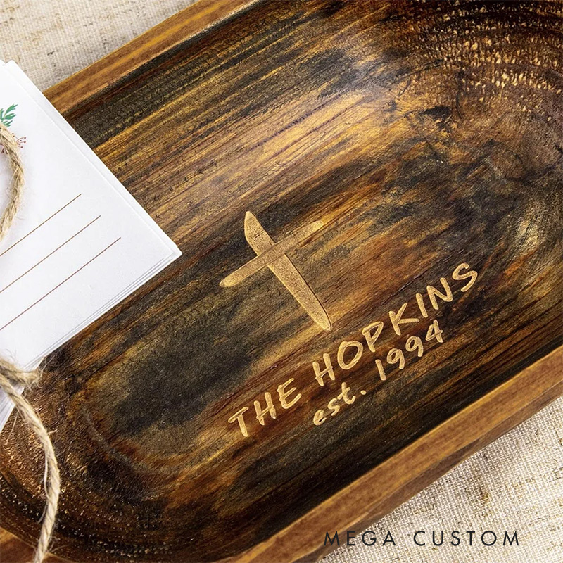 Personalized Cross Wood Prayer Bowl Dough Bowl with Name and Date Home Decor Religious Gifts Christian Gifts