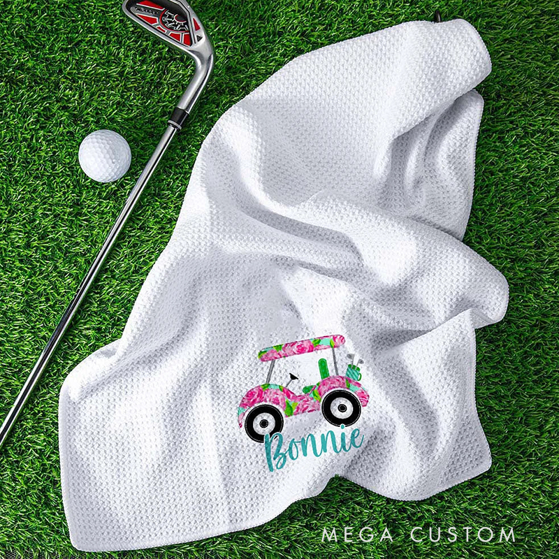 Personalized Golf Towel with Floral Golf Cart and Custom Name Design  