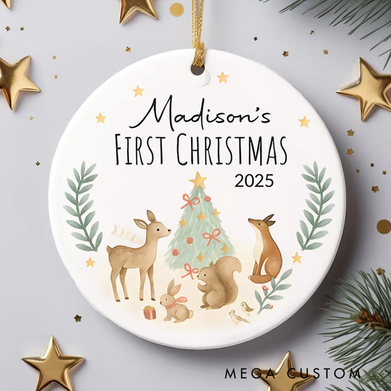 Personalized First Christmas Baby Ornament Gift Woodland Creatures Ceramic Christmas Ornament Holiday Keepsake Ornament