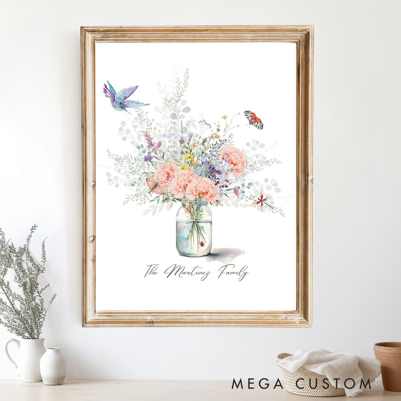 Personalized Birth Flower Family Bouquet Wall Art Watercolour Birth Flower Poster Without Frame Custom Art
