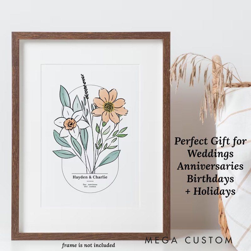 Personalized Couples Birth Flower Bouquet Wall Art for Wedding Aniversary Watercolour Birth Flower Poster Without Frame Custom Art