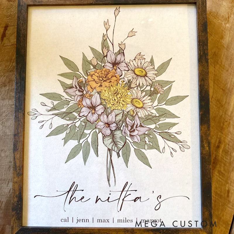 Personalized Boho Birth Flower Family Bouquet Wall Art Illustration Birth Flower Poster Without Frame Custom Art