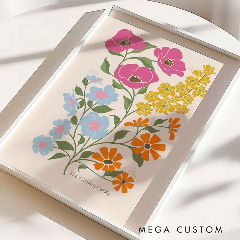 Personalized Minimalist Birth Flower Family Bouquet Wall Art Illustration Birth Flower Poster Without Frame Custom Art