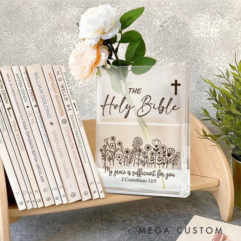 Personalized the Holy Bible Cross Flower Book Vase with Title Room Decor Religious Gift Birthday Gift for Women Christians