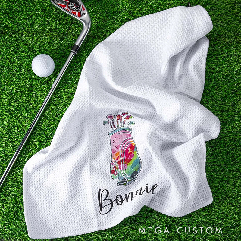 Personalized Golf Towel with Floral Golf Bag and Custom Name Design 