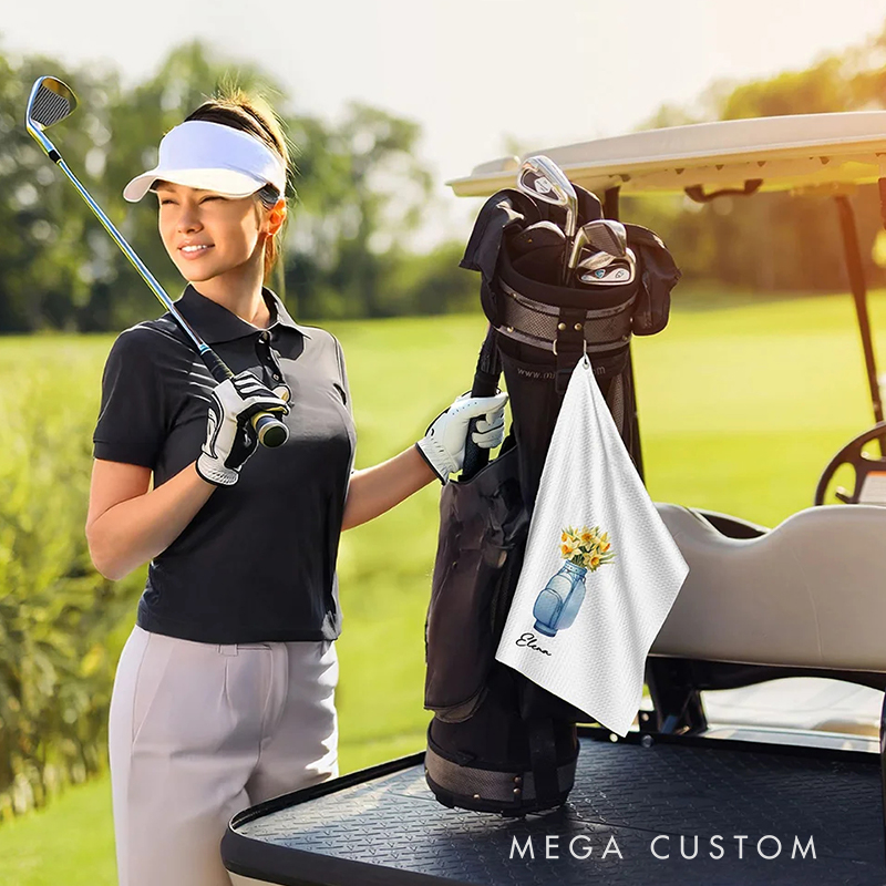 Personalized Golf Towel with Custom Birthday Flower and Name Design  