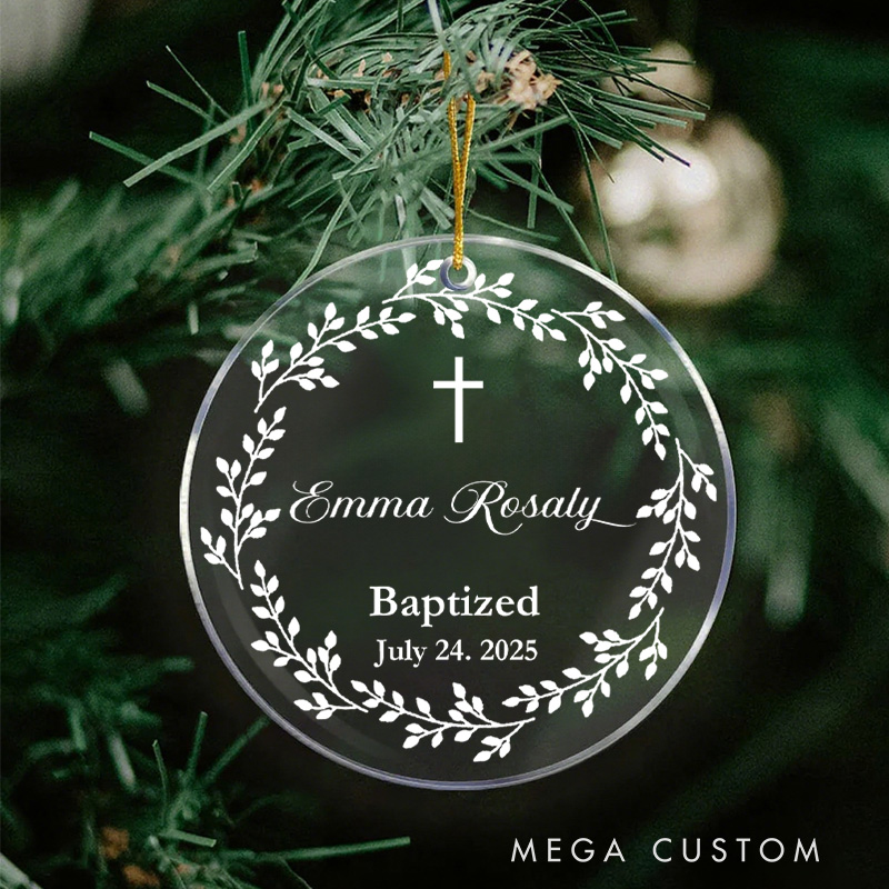 Personalized Cross Wreath Circle Acrylic Ornament with Name and Date Christening Keepsake Baptism Gift for Girl Gift for Goddaughte Religious Gift