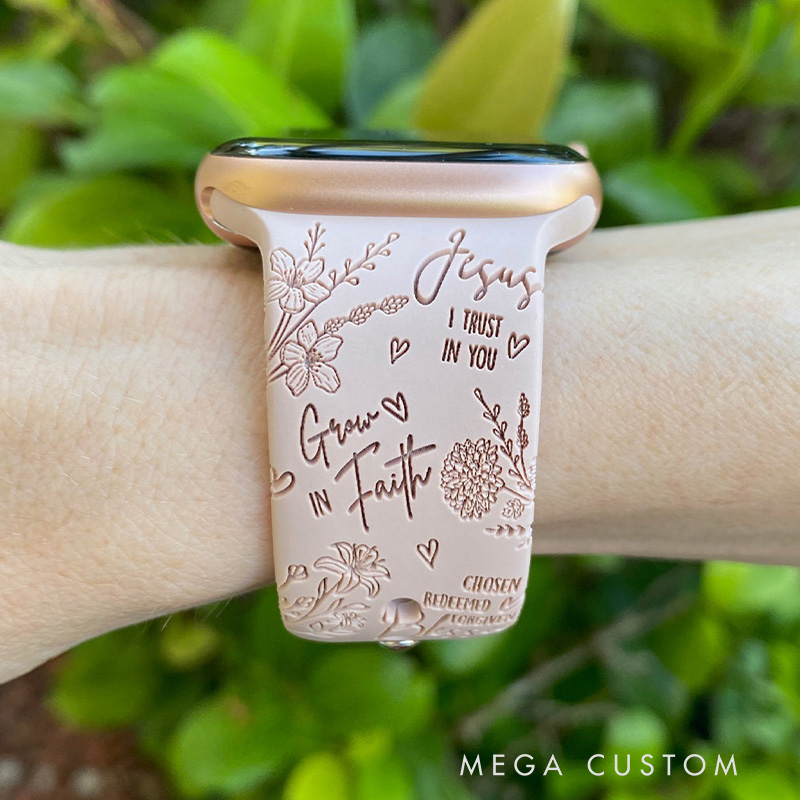 Personalized Floral Faith Silicone Watch Band with Name for Apple Watch Religious Christian Gift for Her