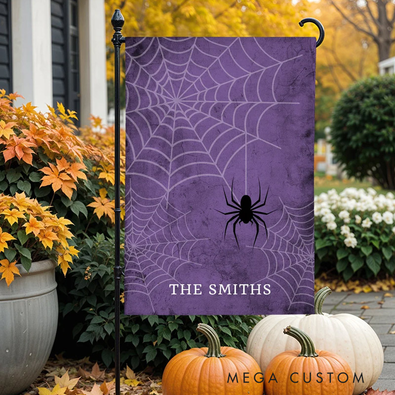 Personalized Spooky Spiderweb Garden Flag with Text Yard Porch Outdoor Decor Halloween Gift for Family Gardening Lovers Gift