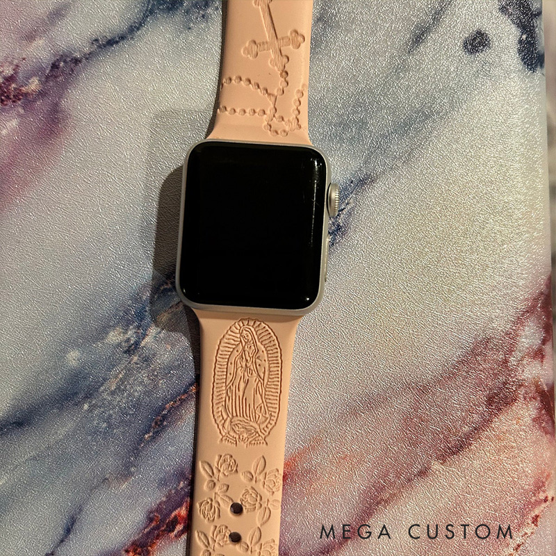 Personalized Virgin Mary with Cross Rose Silicone Watch Band with Name for Apple Watch Religious Christian Gift for Her