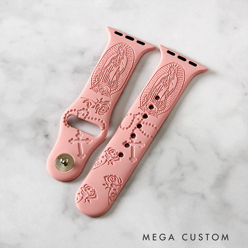 Personalized Virgin Mary with Rosa Cross Silicone Watch Band with Name for Apple Watch Religious Christian Gift for Her