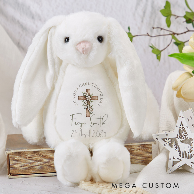 Personalized Floral Cross Cute Plush Bunny Stuffed Animal Toy with Name and Date Christening Gift Religious Gift for Kids
