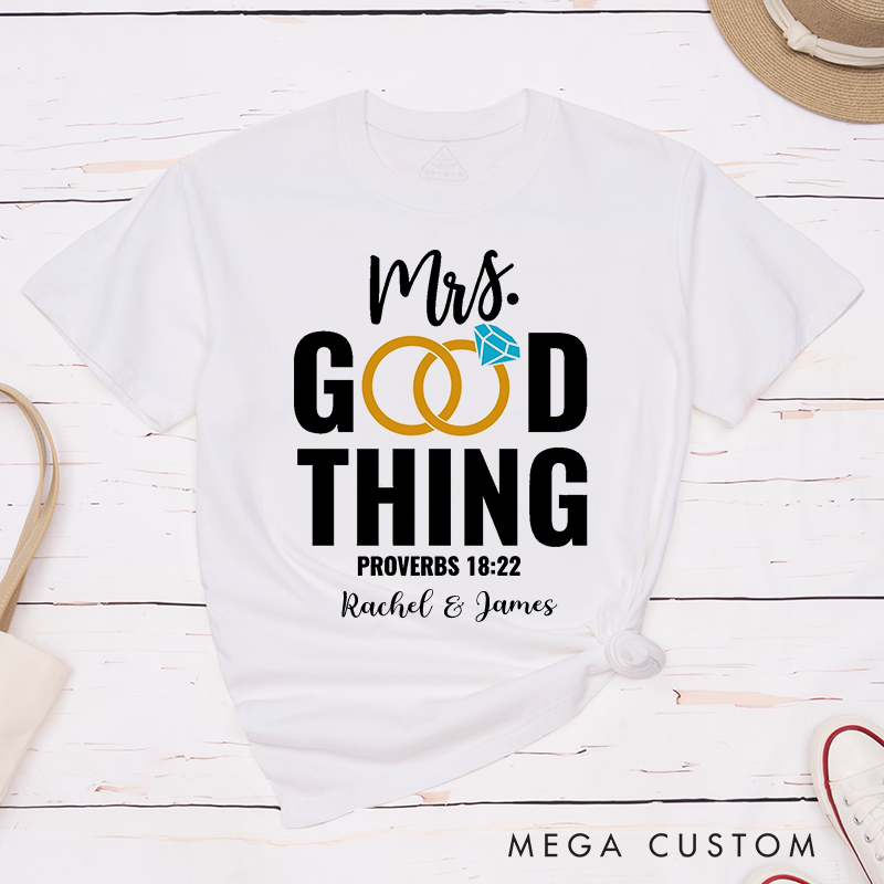 Personalized Proverbs 18:22 Bible Verse Classic T-Shirt with Name Crew Neck Shirt Christian Shirt Religious Gift Birthday Gift