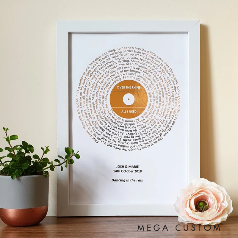 Personalized Metallic Foil Song Lyrics Art Without Frame Custom Copper Silver Gold or Rose Gold Foil Lyric Print Favourite Record Print Music Poster