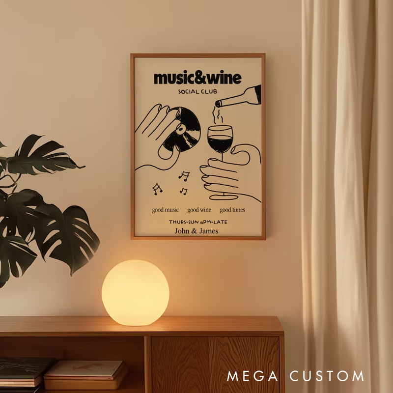 Personalized Music Poster Print Music & Wine Illustration Wall Art Wine Print Without Frame Wall Decor Retro Social Club Poster