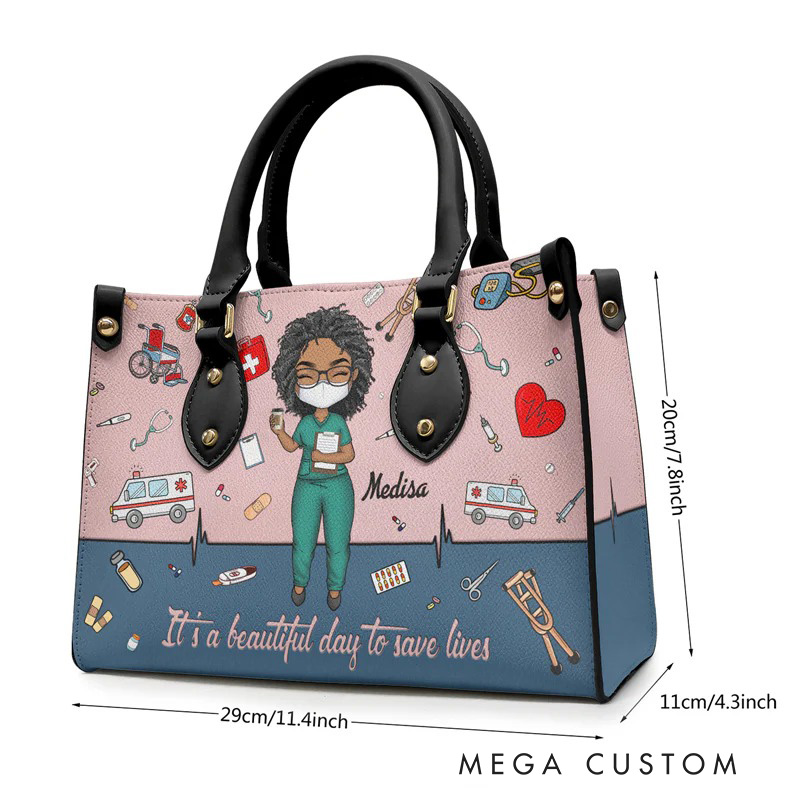 Personalized Leather Handbag Custom It’s a Beautiful Day To Save Lives Design Handbag Nurse Gift