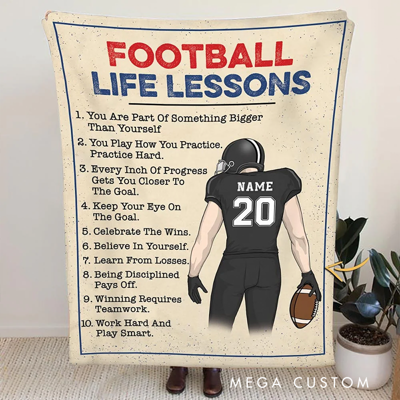Personalized Football Blanket with Life Lessons and Custom Name Number Design
