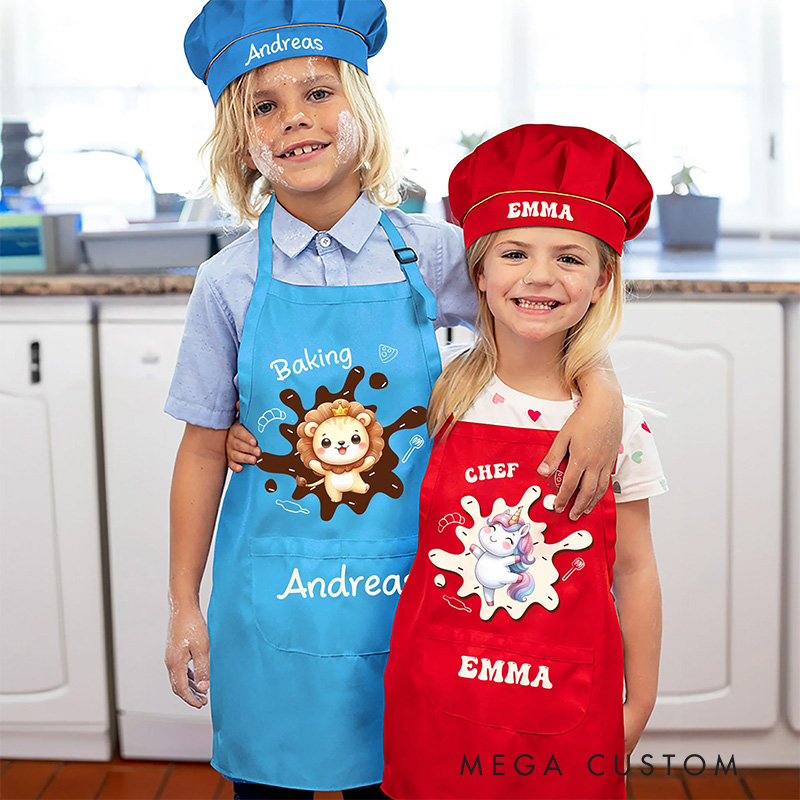 Personalized Adjustable Kid Apron Baking Hat Set Apron Animal Fantasy Apron with Name Baking Lover Gift Birthday Holiday Gift for Kids