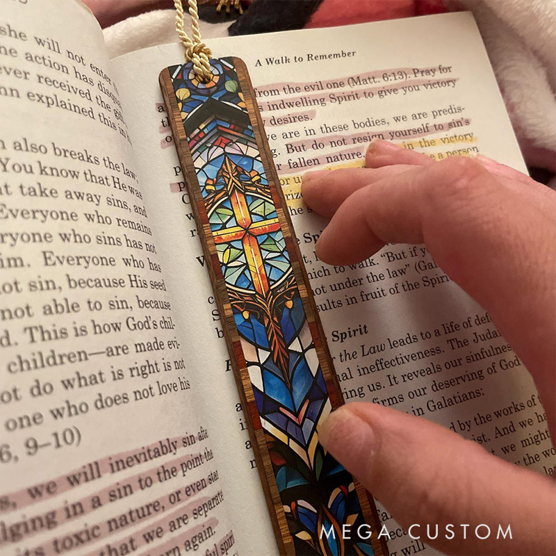 Personalized Gold Cross Stained Glass Design Handcrafted Wooden Bookmark with Tassel and Text Religious Gift for Christians Bookworms