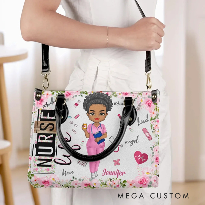 Personalized Leather Handbag Custom Nurse Life Floral Design Handbag Nurse Gift
