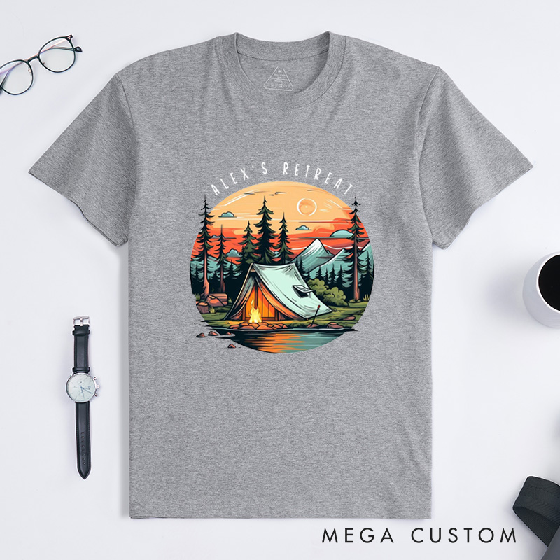 Personalized Camping Outdoors Mountain T-Shirt Forest Campfire and Tent T-Shirt for Nature Traveling Outdoors Lover Gift