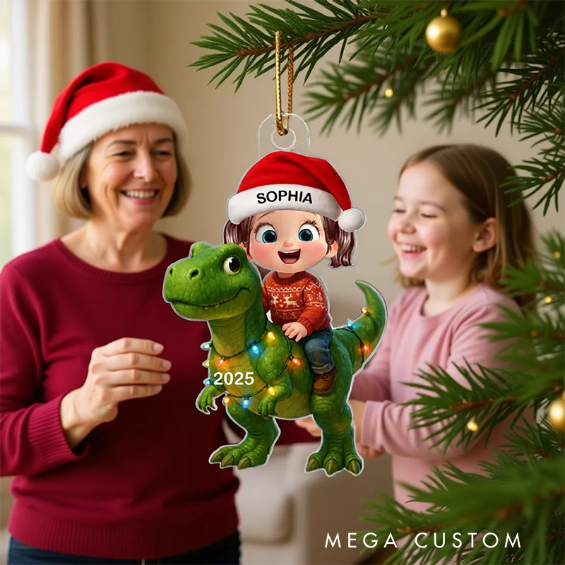 Personalized 3D Effect Cute Cartoon with Dinosaur Christmas Flat Acrylic Ornament