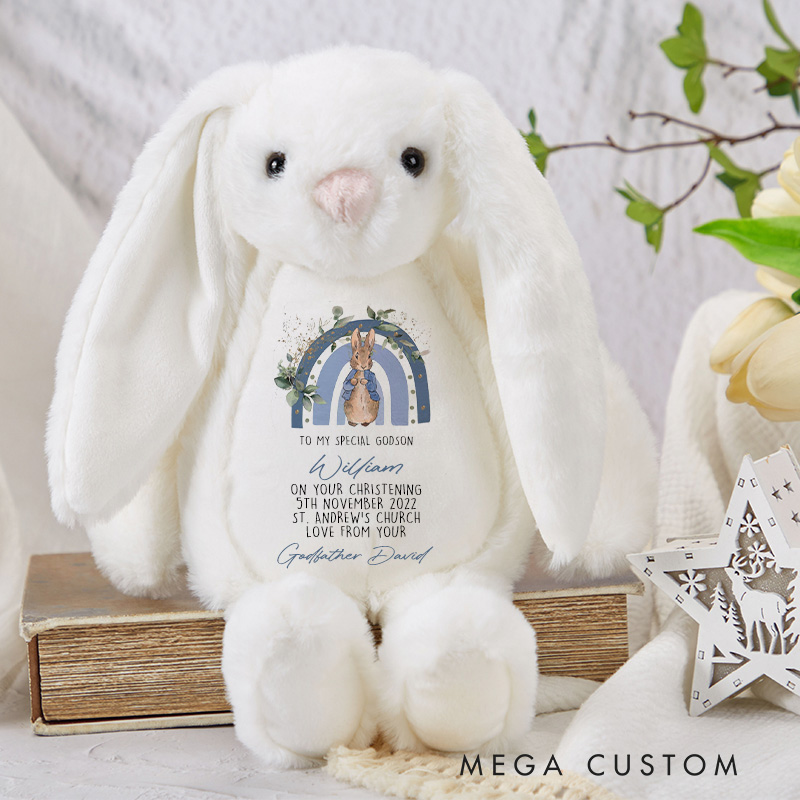 Personalized Godson Christening Peter Rabbit Plush Stuffed Animal Toy with Name Naming Day Baptism Christening Gift