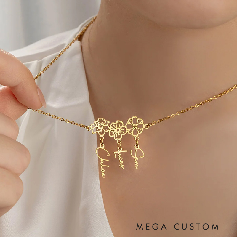 Personalized Birth Flower Necklace with 1-8 Names Woman Jewelry Gardening Loves Gift for Mom Grandmother