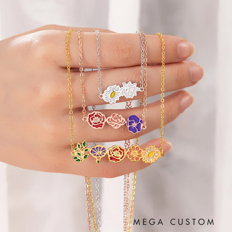 Personalized Dainty 1-8 Colorful Birth Flower Pendant Necklace Family Jewelry Birthday Mother's Day Gardening Loves Gift for Women
