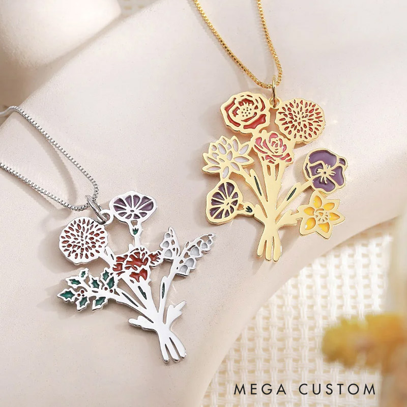 Personalized 1-7 Enamel Birth Flower Family Bouquet Pendant Necklace Birthday Mother's Day Gardening Loves Gift for Mom Grandma